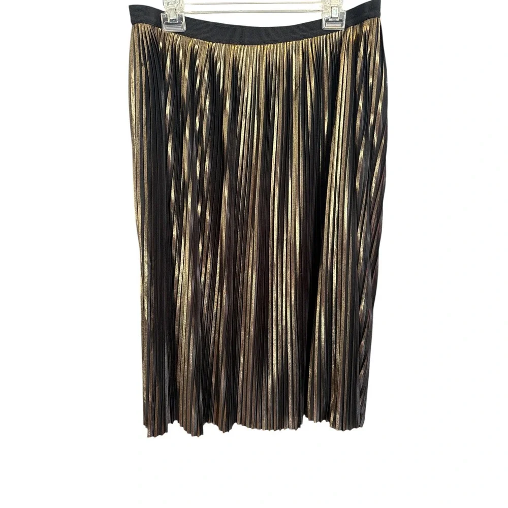 Lane Bryant Gold Black Pleated Midi Skirt Metallic Shimmer Elastic Waist‎ Party